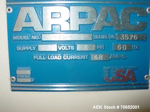 Used Arpac Model 105TW28 Shrink Wrapper with Film Feed Rack and Splicer. Speed up to 36 Wraps per Minute. 6' L x 20" W Roller Flight Infeed Conveyor with Pacing Gate. 28" Wide seal bar. Capable of ru...