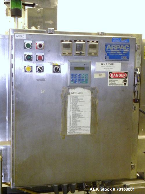 Used Arpac Model 108-28SS Automatic Right Angle Stainless Steel Shrink Bundler. Capable of speeds up to 30 bundles per minute. Package size range: height up to 10", width or across machine up to 28",...