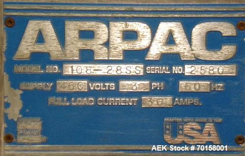 Used Arpac Model 108-28SS Automatic Right Angle Stainless Steel Shrink Bundler. Capable of speeds up to 30 bundles per minute. Package size range: height up to 10", width or across machine up to 28",...