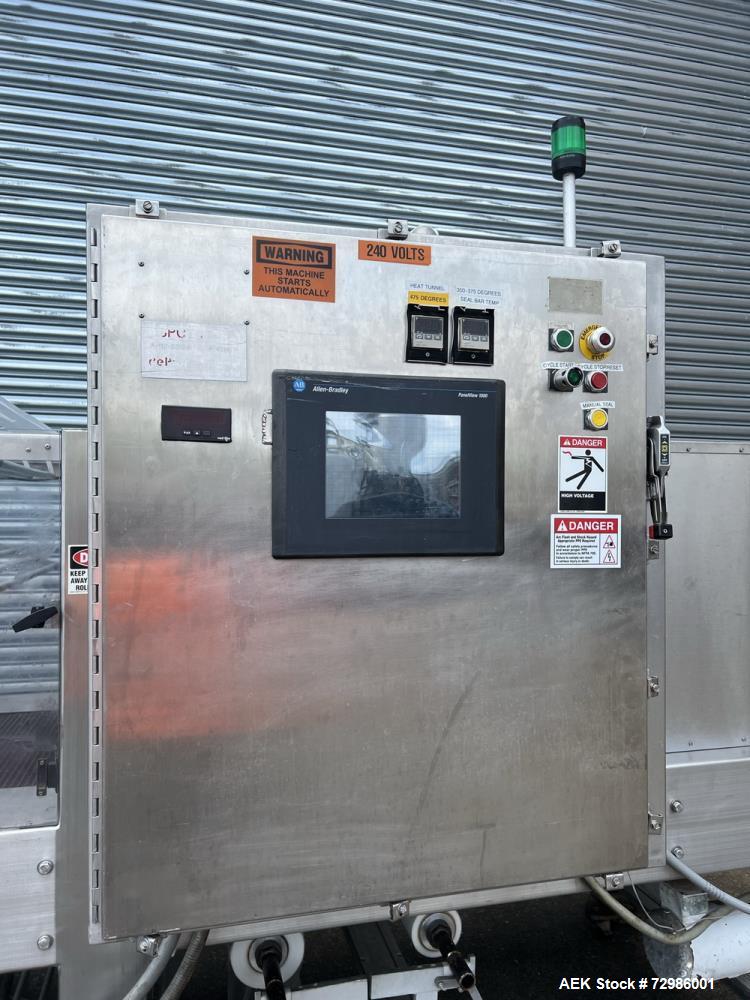 Used Arpac Model 112-SS-24 Automatic Stainless Steel Inline Shrink Bundler. Capable of speeds from 5 to 25 bundles per minute (depending on application). Unit has a 28" wide seal jaw. Handles film up...