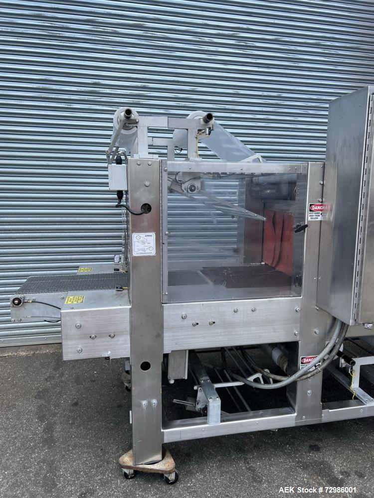 Used Arpac Model 112-SS-24 Automatic Stainless Steel Inline Shrink Bundler. Capable of speeds from 5 to 25 bundles per minute (depending on application). Unit has a 28" wide seal jaw. Handles film up...