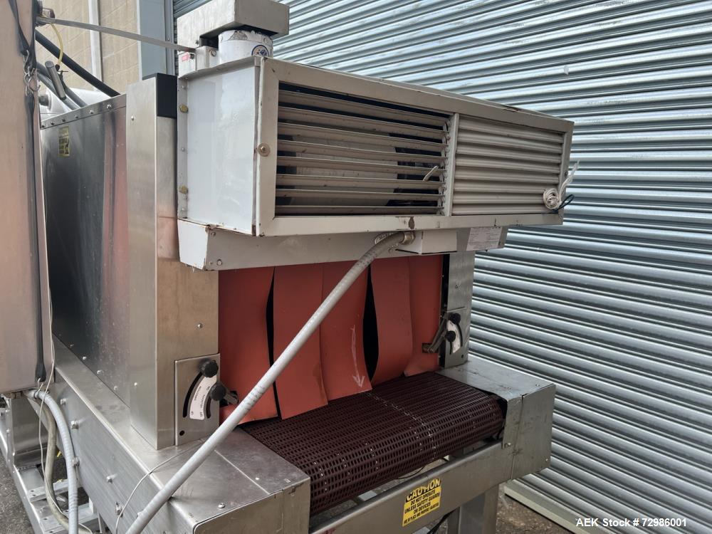 Used Arpac Model 112-SS-24 Automatic Stainless Steel Inline Shrink Bundler. Capable of speeds from 5 to 25 bundles per minute (depending on application). Unit has a 28" wide seal jaw. Handles film up...