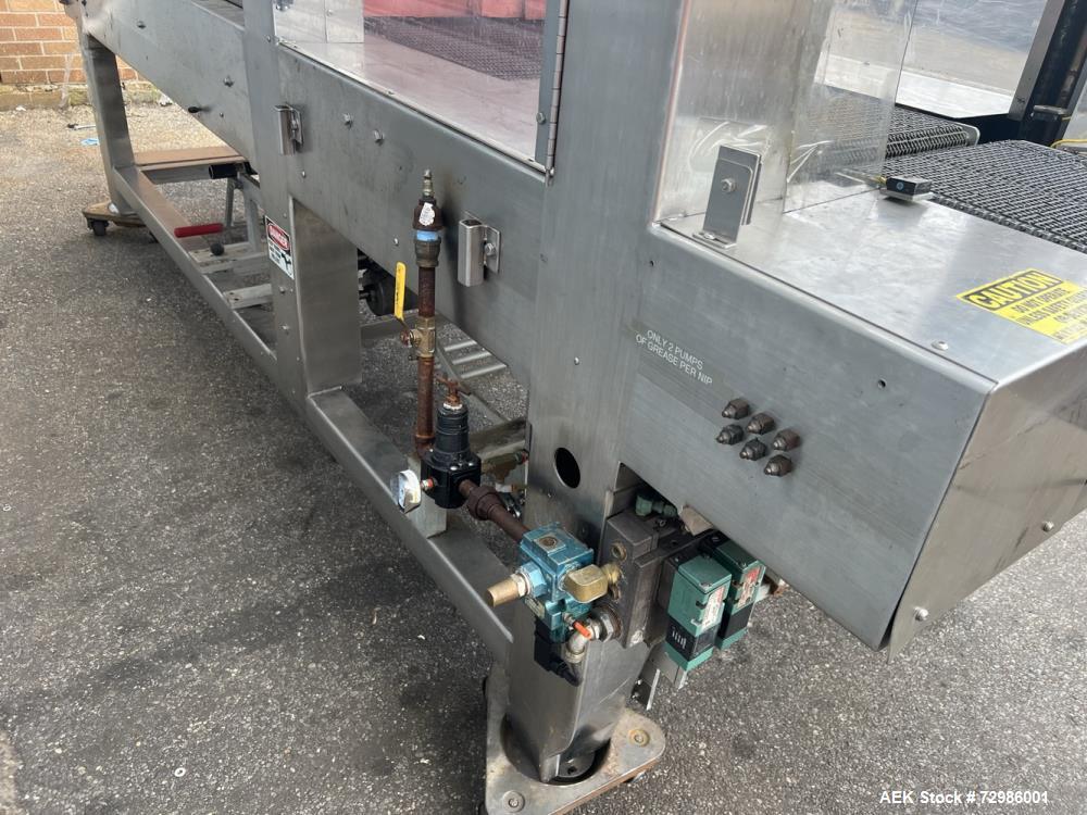 Used Arpac Model 112-SS-24 Automatic Stainless Steel Inline Shrink Bundler. Capable of speeds from 5 to 25 bundles per minute (depending on application). Unit has a 28" wide seal jaw. Handles film up...