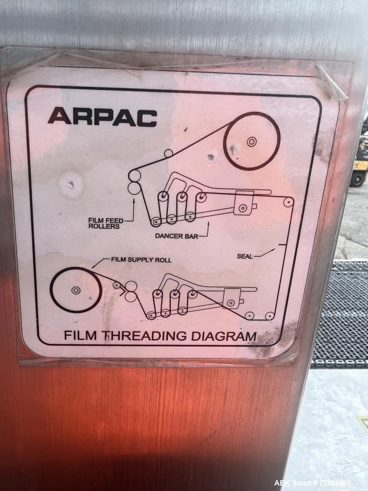 Used Arpac Model 112-SS-24 Automatic Stainless Steel Inline Shrink Bundler. Capable of speeds from 5 to 25 bundles per minute (depending on application). Unit has a 28" wide seal jaw. Handles film up...