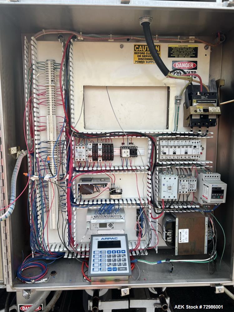 Used Arpac Model 112-SS-24 Automatic Stainless Steel Inline Shrink Bundler. Capable of speeds from 5 to 25 bundles per minute (depending on application). Unit has a 28" wide seal jaw. Handles film up...