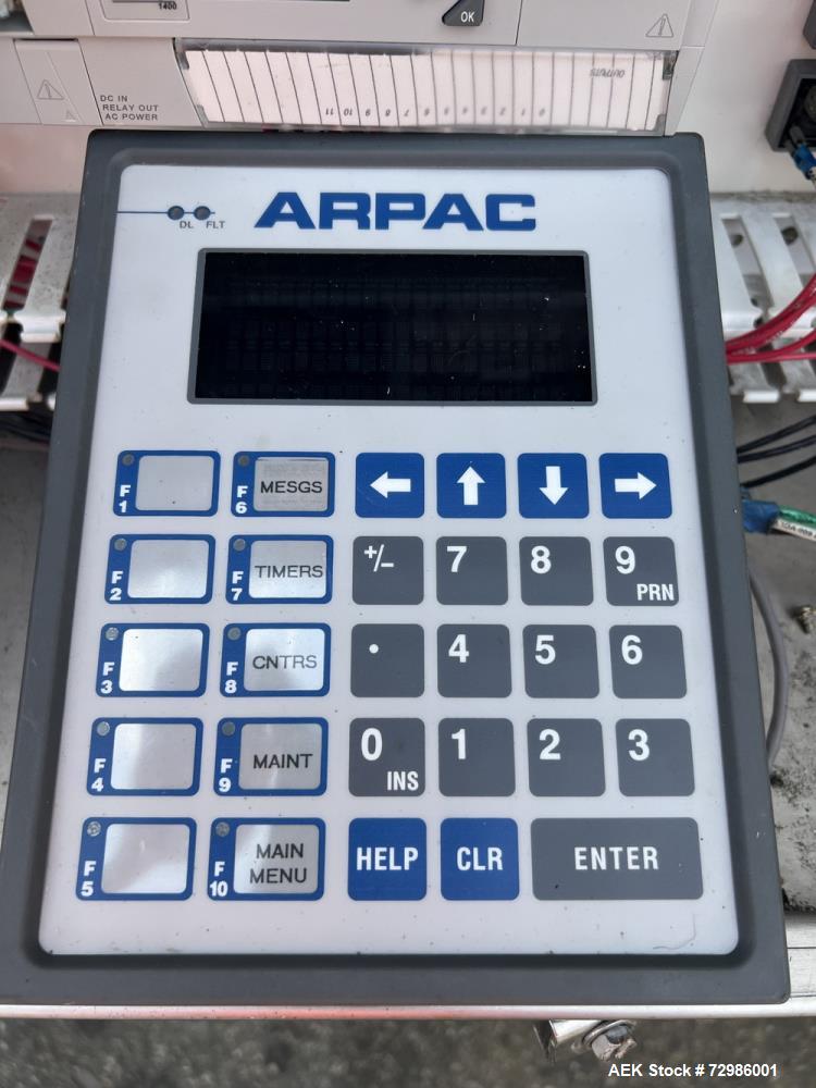 Used Arpac Model 112-SS-24 Automatic Stainless Steel Inline Shrink Bundler. Capable of speeds from 5 to 25 bundles per minute (depending on application). Unit has a 28" wide seal jaw. Handles film up...