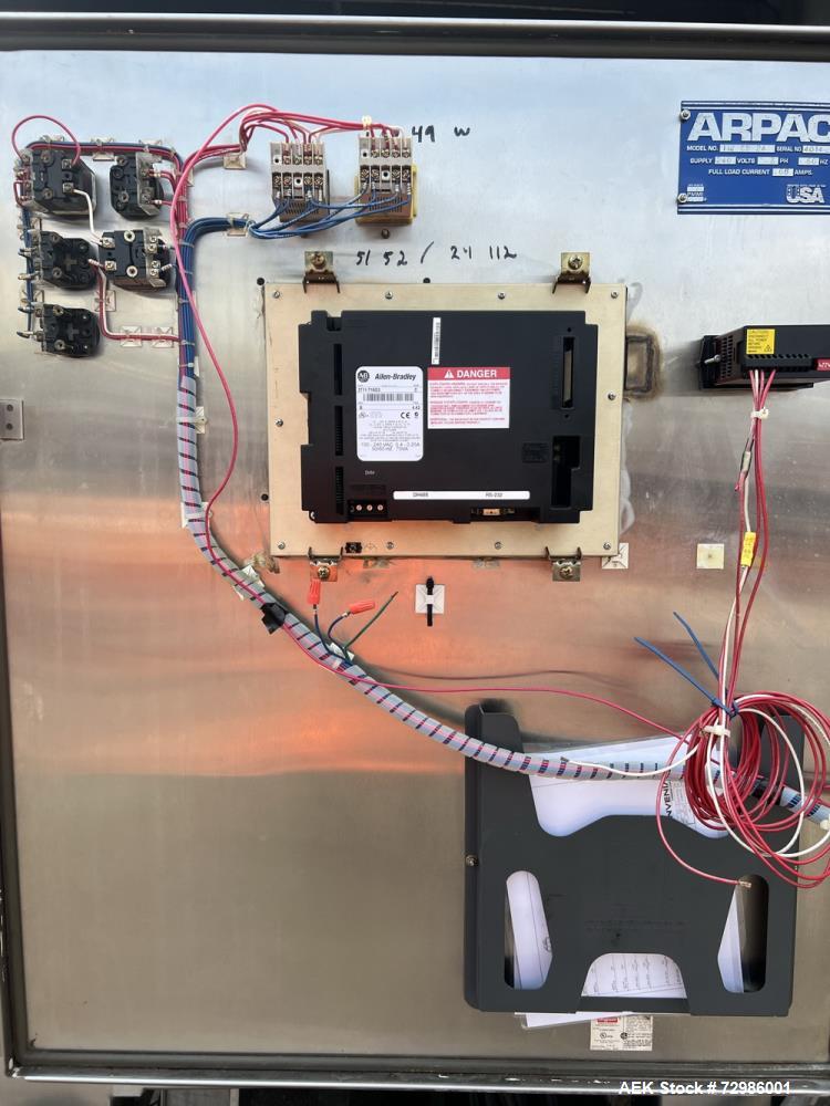 Used Arpac Model 112-SS-24 Automatic Stainless Steel Inline Shrink Bundler. Capable of speeds from 5 to 25 bundles per minute (depending on application). Unit has a 28" wide seal jaw. Handles film up...