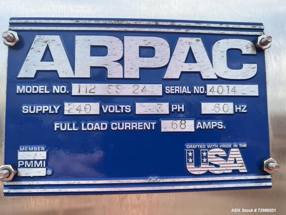 Used Arpac Model 112-SS-24 Automatic Stainless Steel Inline Shrink Bundler. Capable of speeds from 5 to 25 bundles per minute (depending on application). Unit has a 28" wide seal jaw. Handles film up...