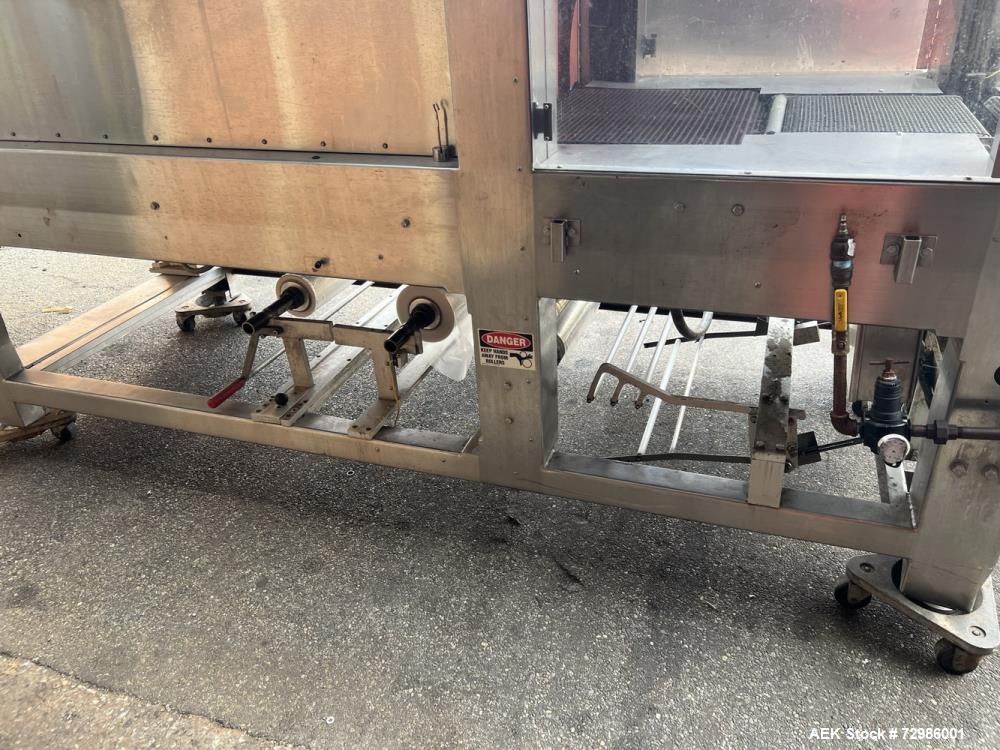 Used Arpac Model 112-SS-24 Automatic Stainless Steel Inline Shrink Bundler. Capable of speeds from 5 to 25 bundles per minute (depending on application). Unit has a 28" wide seal jaw. Handles film up...