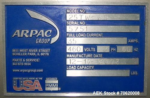 Used Arpac Model 25TW-28 Automatic Shrink Bundler. Capable of speeds up to 25 trays per minute. Product size range: (Width) 6" to 18" (Length) 7" to 18" (Height) 4" to 10". Has a Maximum film width: ...