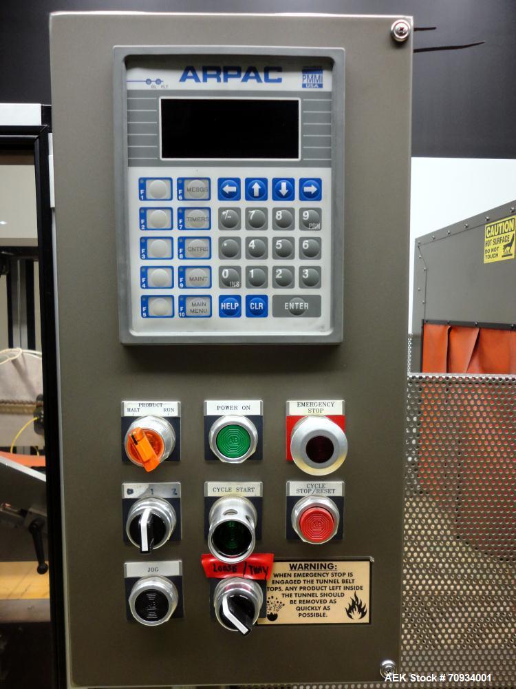 Used Arpac Brandpac Model BPMP-5342 Automatic Single Roll Shrink Bundler, for Print Registered Film.  Capable of Unsupported Multipack Shrink Bundling or Tray Product Shrink Bundling. OEM rated speed...