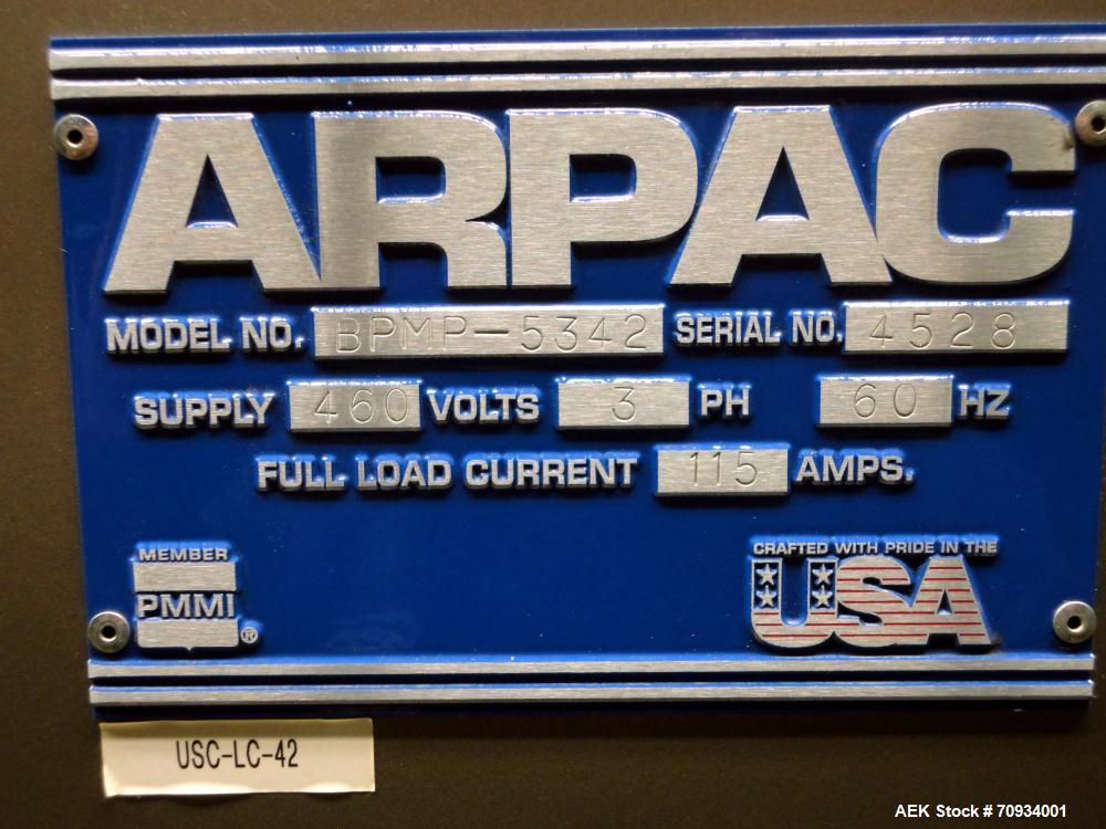 Used Arpac Brandpac Model BPMP-5342 Automatic Single Roll Shrink Bundler, for Print Registered Film.  Capable of Unsupported Multipack Shrink Bundling or Tray Product Shrink Bundling. OEM rated speed...