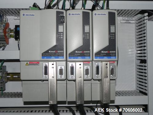 Used Douglas Contour Model M-75 Multi-Pack Shrink Bundler capable of speeds up to 75 cycles per minute. Now configured for print registered film, unsupported 8 oz and 11 oz bottles in multiple lanes,...