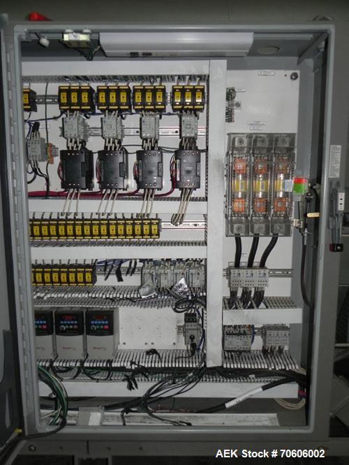 Used Douglas Contour Model M-75 Multi-Pack Shrink Bundler capable of speeds up to 75 cycles per minute. Now configured for print registered film, unsupported 8 oz and 11 oz bottles in multiple lanes,...