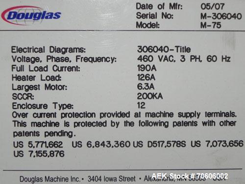 Used Douglas Contour Model M-75 Multi-Pack Shrink Bundler capable of speeds up to 75 cycles per minute. Now configured for print registered film, unsupported 8 oz and 11 oz bottles in multiple lanes,...