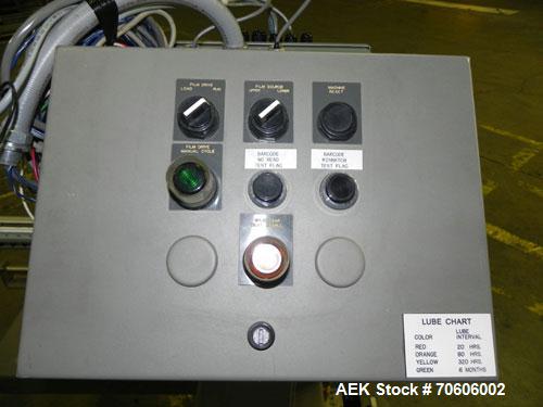 Used Douglas Contour Model M-75 Multi-Pack Shrink Bundler capable of speeds up to 75 cycles per minute. Now configured for print registered film, unsupported 8 oz and 11 oz bottles in multiple lanes,...
