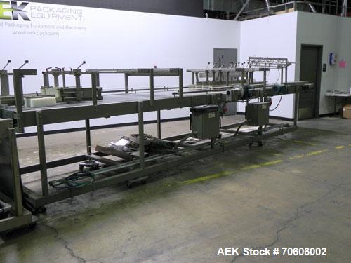 Used Douglas Contour Model M-75 Multi-Pack Shrink Bundler capable of speeds up to 75 cycles per minute. Now configured for print registered film, unsupported 8 oz and 11 oz bottles in multiple lanes,...
