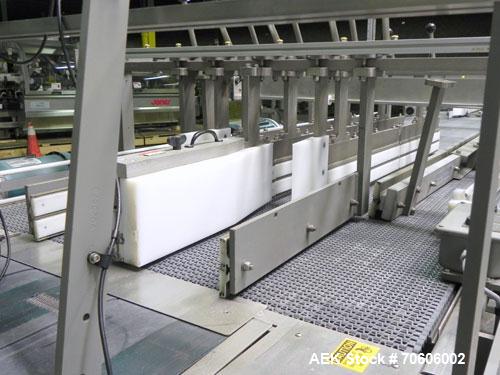 Used Douglas Contour Model M-75 Multi-Pack Shrink Bundler capable of speeds up to 75 cycles per minute. Now configured for print registered film, unsupported 8 oz and 11 oz bottles in multiple lanes,...
