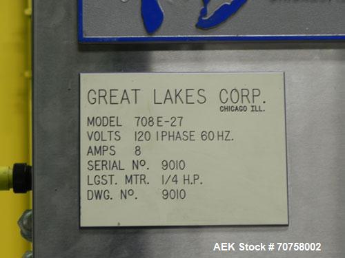 Used Great Lakes Model 708 E-27 Shrink Bundler capable of speeds up to 15 bundles per minute (depending on container size and pack pattern). Will handle bundles up to 12" high x 13" deep. Has a 27" w...