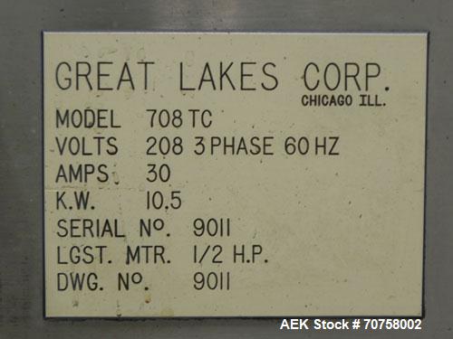 Used Great Lakes Model 708 E-27 Shrink Bundler capable of speeds up to 15 bundles per minute (depending on container size and pack pattern). Will handle bundles up to 12" high x 13" deep. Has a 27" w...