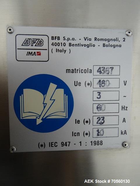 Used IMA BFB Model MS500BPBR Bundler. Machine is capable of speeds up to 30 bundles per minute. Has a package size range of 30mm to 280mm (wide) x 60mm to 300mm (long) x 30mm to 155mm (tall). Has a 1...