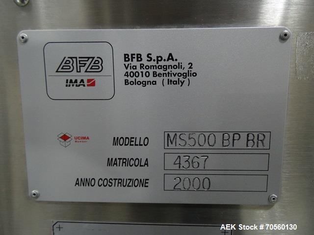 Used IMA BFB Model MS500BPBR Bundler. Machine is capable of speeds up to 30 bundles per minute. Has a package size range of 30mm to 280mm (wide) x 60mm to 300mm (long) x 30mm to 155mm (tall). Has a 1...