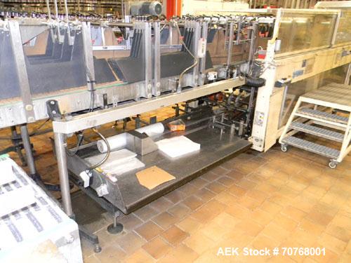 Used-Kisters 198/60 DZ Shrink Wrapper including infeed, outlet conveyors and magazine for carton pads.  For PET bottles 17, ...