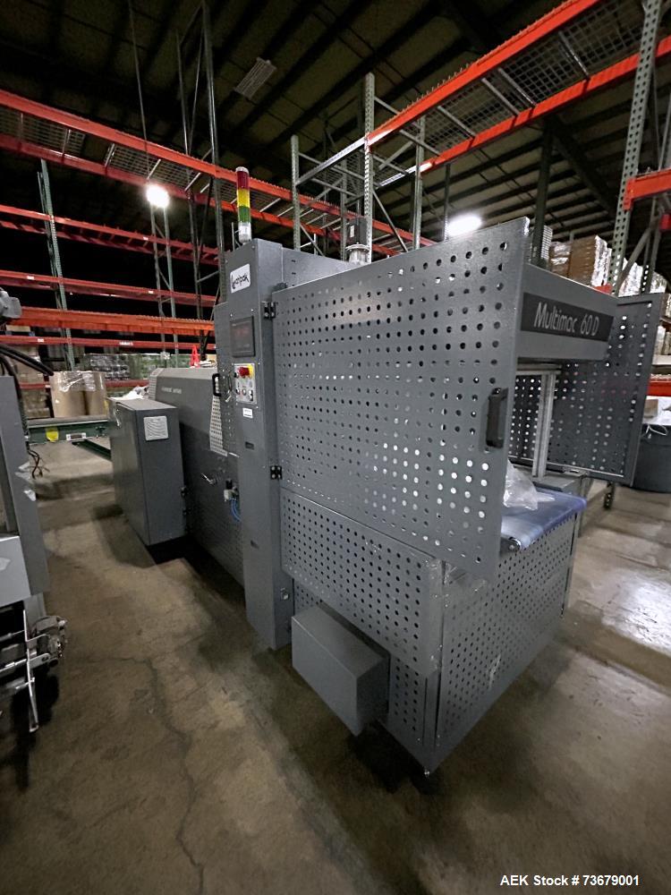 Used Maripak Bundler/Bander, Model Multimac 60D Servo. Up to 35 cycles/minute. 16" (400mm) seal bar opening. 65'/minute maximum conveyor speed. 14" maximum roll diameter (adjustable). 38" working hei...