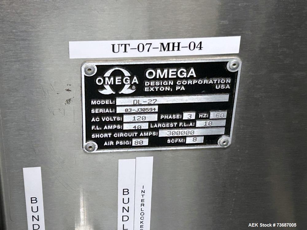 Used Omega Design Model DL-27 Dual Lane Shrink Bundler. Machine is capable of speeds from 200 to 240 bottles per minute (depending on product size and infeed pattern). Designed for dual main product ...