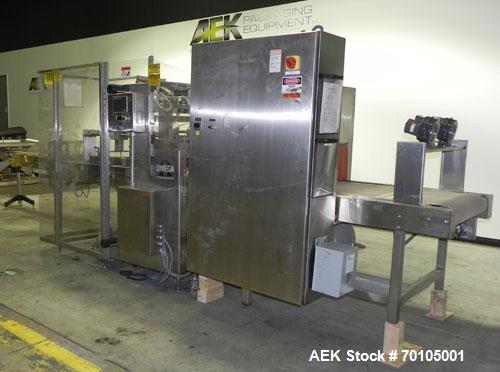 Used Omega Design Model DL-27 Dual Lane Multi-Pack Shrink Bundler. All stainless steel construction with Lexan type interlocked guarding. “Inline / Offset” infeed, utilizing single lane parallel dire...