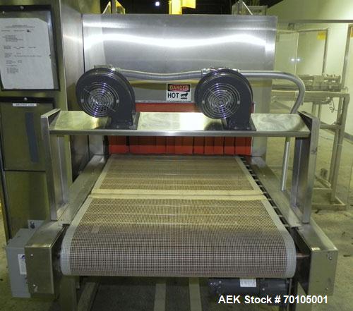 Used Omega Design Model DL-27 Dual Lane Multi-Pack Shrink Bundler. All stainless steel construction with Lexan type interlocked guarding. “Inline / Offset” infeed, utilizing single lane parallel dire...