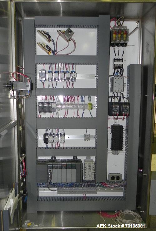 Used Omega Design Model DL-27 Dual Lane Multi-Pack Shrink Bundler. All stainless steel construction with Lexan type interlocked guarding. “Inline / Offset” infeed, utilizing single lane parallel dire...