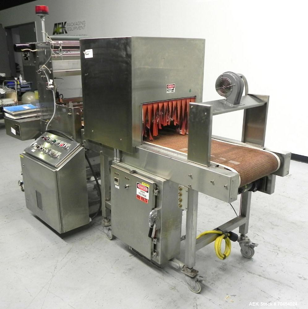 Used Omega Design Model SL-18 Single Lane Shrink Bundler. Machine is capable of speeds from 120 to 150 containers per minute. Has right angle infeed and integrated heat shrink tunnel. Has a maximum f...