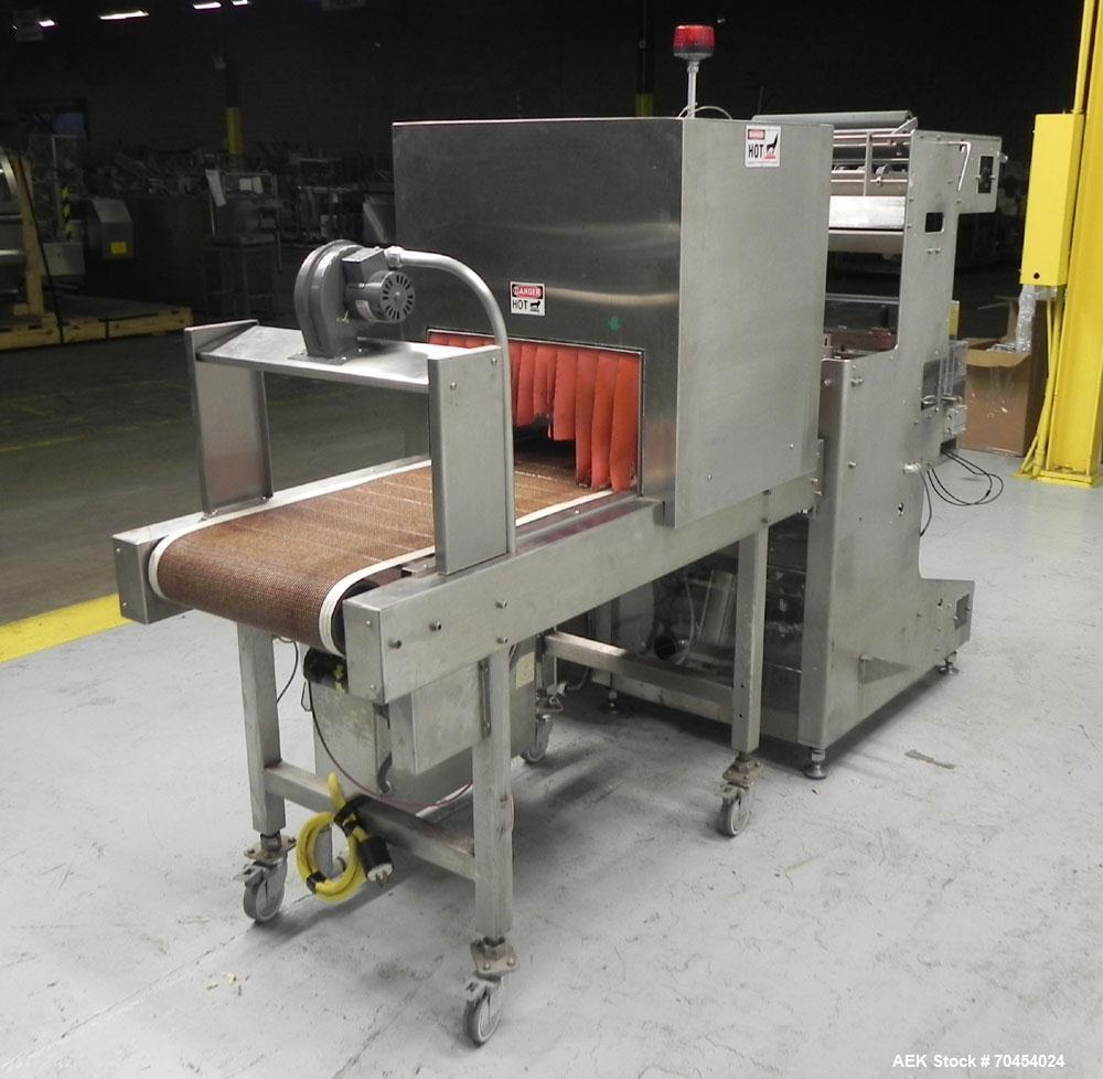 Used Omega Design Model SL-18 Single Lane Shrink Bundler. Machine is capable of speeds from 120 to 150 containers per minute. Has right angle infeed and integrated heat shrink tunnel. Has a maximum f...