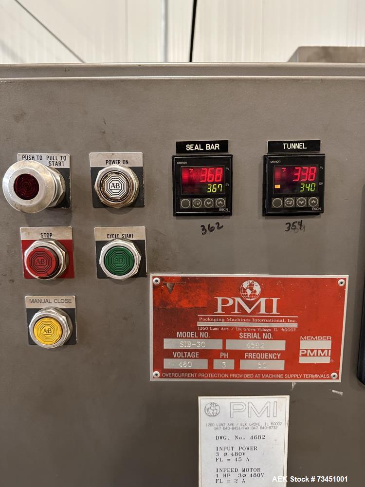 Used PMI SIB-30 Automatic Inline Shrink Bundler with Tunnel – 30 PPM, AB Controls, Film Rolls Included