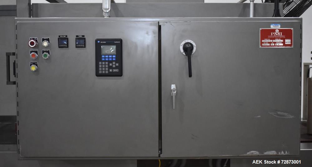 Used PMI (Arpac) Model SIB-35 Automatic Inline Shrink Bundler. Capable of speeds up to 30 bundles per minute (depending on application). Has a 35"W seal bar and 17" max height clearance. Tunnel apera...