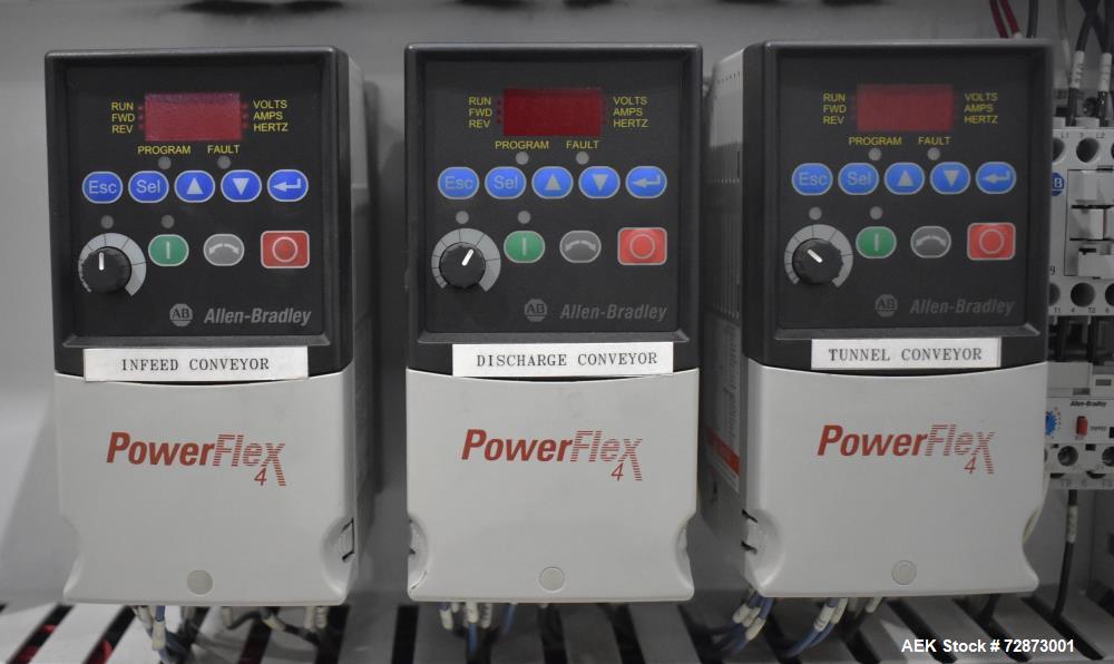 Used PMI (Arpac) Model SIB-35 Automatic Inline Shrink Bundler. Capable of speeds up to 30 bundles per minute (depending on application). Has a 35"W seal bar and 17" max height clearance. Tunnel apera...