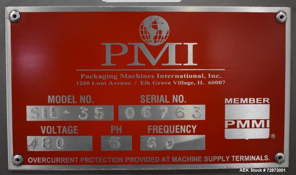 Used PMI (Arpac) Model SIB-35 Automatic Inline Shrink Bundler. Capable of speeds up to 30 bundles per minute (depending on application). Has a 35"W seal bar and 17" max height clearance. Tunnel apera...