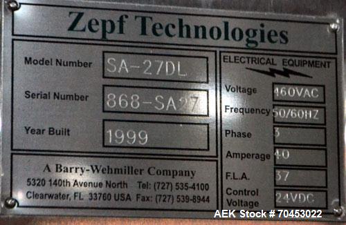 Used ZEPF Technologies SA-27DL Dual Lane Automatic Shrink Bundler. Model SA-27DL has a right angle dual lane infeed. Has 27"W seal bar and with an integrated shrink tunnel. Cooling Fan on discharge. ...