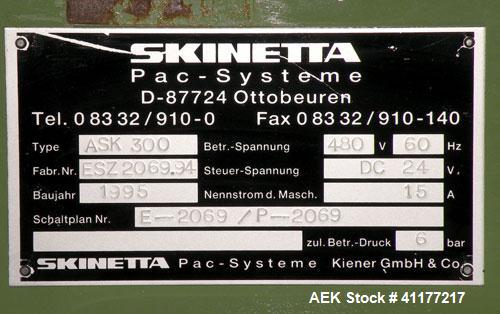 Used Skinetta Shrink Bundler, Model ASK300. Has a web width of 290mm. Maximum infeed width 380mm. Maximum height 290mm. Maximum length 350mm. Has a Z infeed, rear feed, to cross push to push straight...