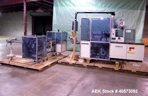 Used Skinetta ASK 450T Shrink Bander/Bundler. Capable of speeds from 10 to 40 cycles per minute. Has inline feed and optional right angle carton collator. Max 450mm web width. Has upstacker. Last use...