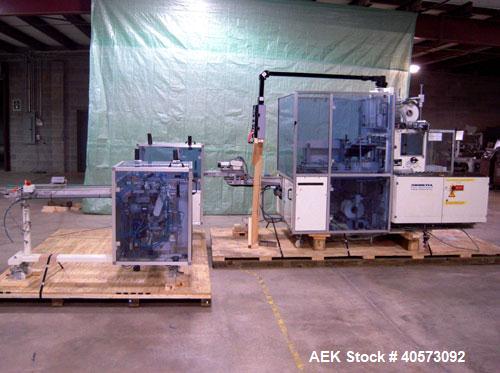 Used Skinetta ASK 450T Shrink Bander/Bundler. Capable of speeds from 10 to 40 cycles per minute. Has inline feed and optional right angle carton collator. Max 450mm web width. Has upstacker. Last use...