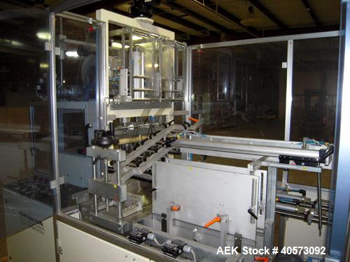 Used Skinetta ASK 450T Shrink Bander/Bundler. Capable of speeds from 10 to 40 cycles per minute. Has inline feed and optional right angle carton collator. Max 450mm web width. Has upstacker. Last use...