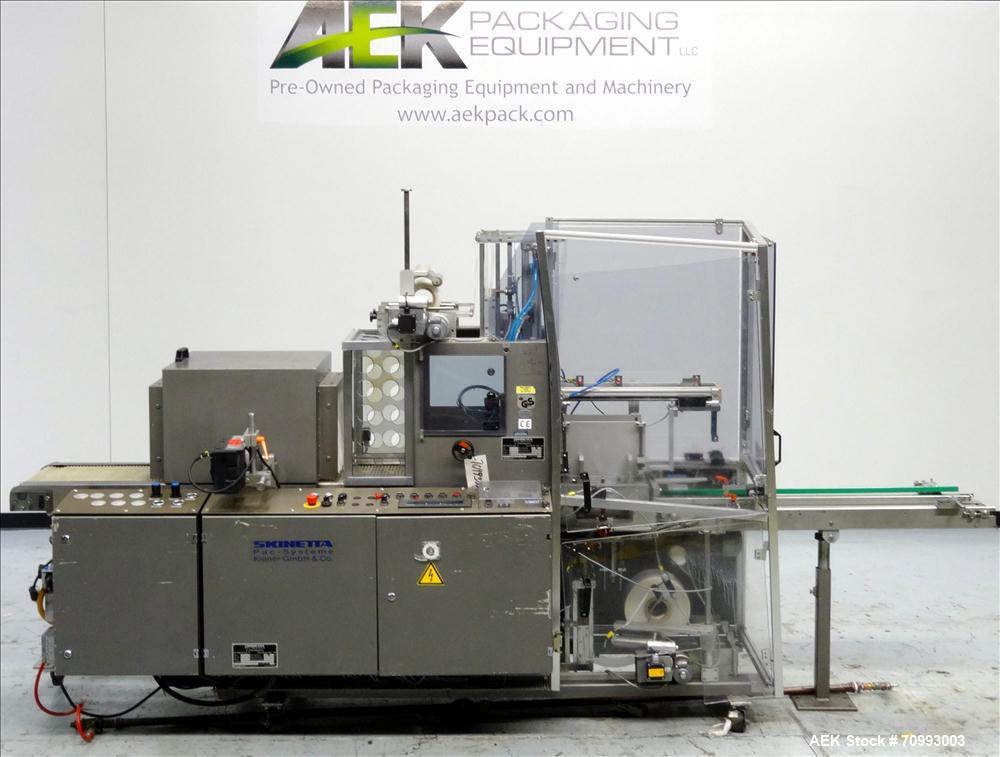 Used Skinetta (Christ Packaging) Model ASK300 Automatic single lane stretch/shrink film bundler. Capable of speeds up to 32 cycles per minute. Capable of a product size range (length) 75mm - 290mm (w...