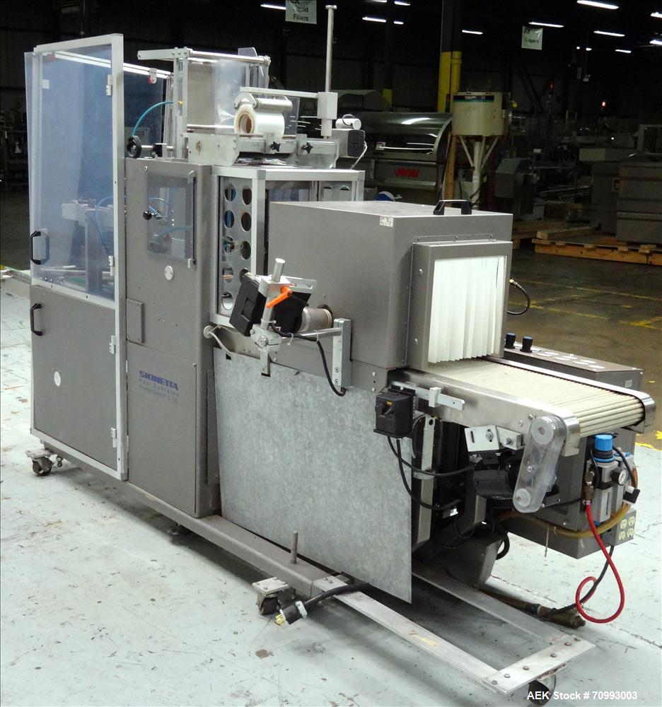 Used Skinetta (Christ Packaging) Model ASK300 Automatic single lane stretch/shrink film bundler. Capable of speeds up to 32 cycles per minute. Capable of a product size range (length) 75mm - 290mm (w...