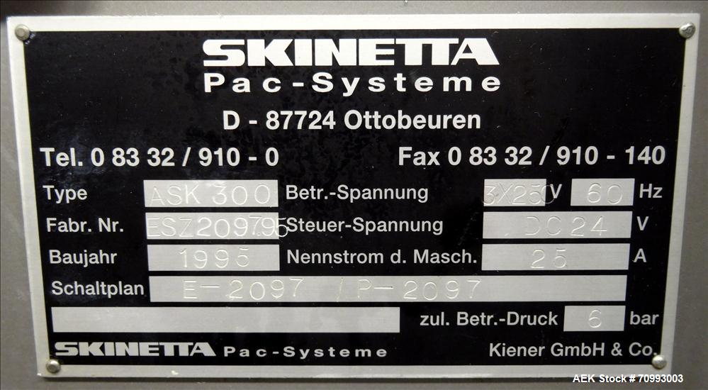 Used Skinetta (Christ Packaging) Model ASK300 Automatic single lane stretch/shrink film bundler. Capable of speeds up to 32 cycles per minute. Capable of a product size range (length) 75mm - 290mm (w...