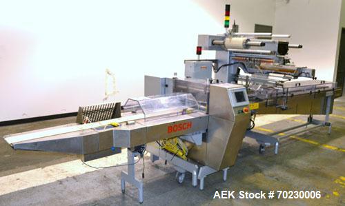 Used Bosch Doboy Model Linium 315 Horizontal Flow Wrapper. Machine is of stainless steel construction, rated up to 350 packages/minute, 8' long in line indexing feed conveyor with 5" pitch, SealStrip...