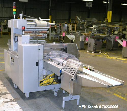 Used Bosch Doboy Model Linium 315 Horizontal Flow Wrapper. Machine is of stainless steel construction, rated up to 350 packages/minute, 8' long in line indexing feed conveyor with 5" pitch, SealStrip...