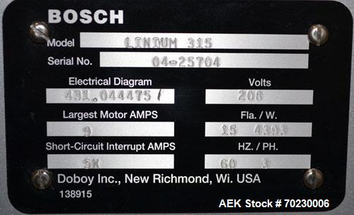 Used Bosch Doboy Model Linium 315 Horizontal Flow Wrapper. Machine is of stainless steel construction, rated up to 350 packages/minute, 8' long in line indexing feed conveyor with 5" pitch, SealStrip...