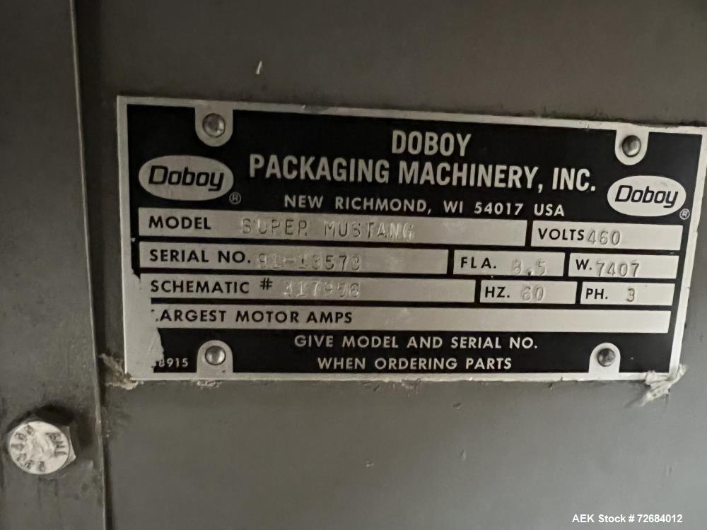 Used- Doboy Super Mustang SK Horizontal Flow Wrapper. Production speed: up to 120 ppm with one-up head and up to 180 ppm wit...